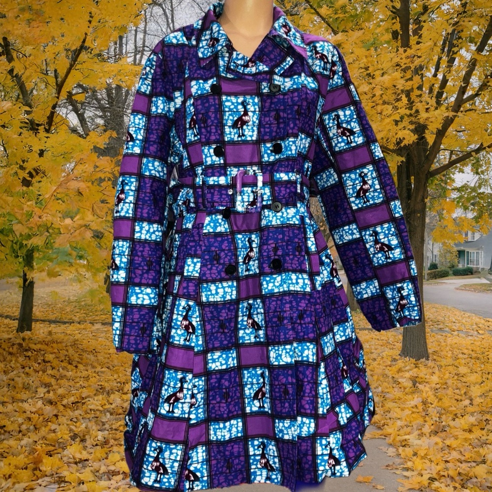 Ofuure Tehilah African Print Purple Teal Blue Quilted Cotton Coat Jacket XXL
